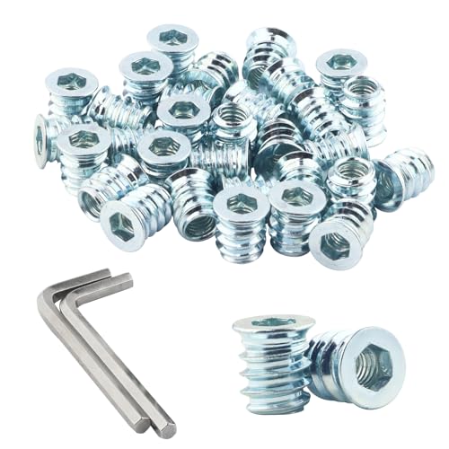 AOMIKITSTU Einschraubmutter 60Stück, Eindrehmuffe M6×13 mm, Einschlagmutter, Gewindebuchse Muttern, Innensechskant Einschraubgewinde Muttern für Faserplatten, Kiefernholz (Blau Weiß Zink) von AOMIKITSTU