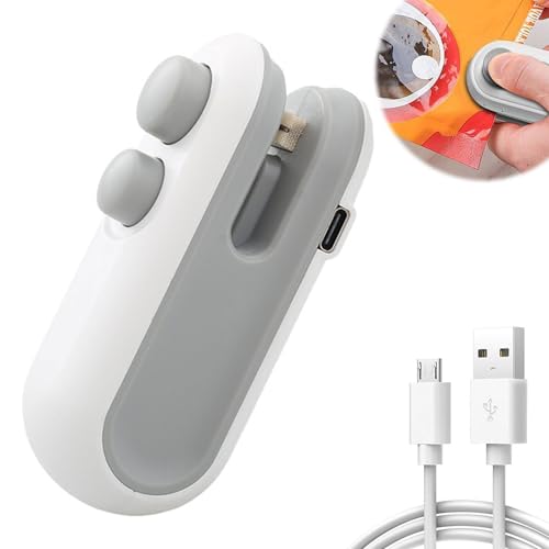 Mini Folienschweißgerät, Hand gehalten Bag Sealer mit Cutter, Wiederaufladbar 2 in 1 Snacks Beutelverschließer, Bag Sealer mit Cutter, Damit Lebensmittel frisch und Snacks knusprig bleiben (Weiß) von AOMiGT