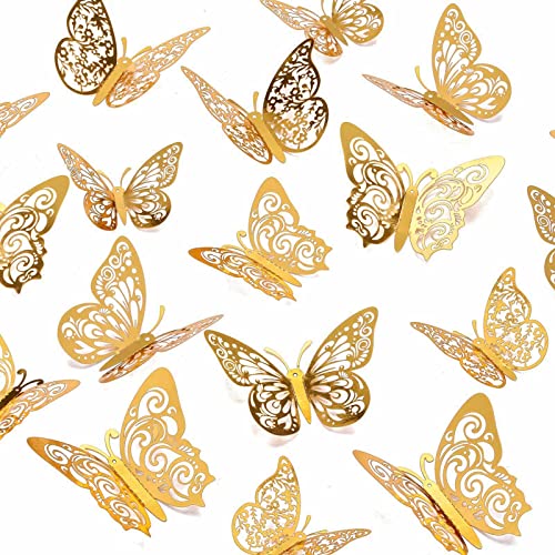 36 Stück 3D Schmetterling Wandaufkleber,Metall hohle Schmetterlingsaufkleber,3 Größen,Schmetterlinge Dekoration Wandtattoo Abnehmbare Wandaufkleber Heimdeko Wand Deko,DIY Wandaufkleber (Gold) von AONAT