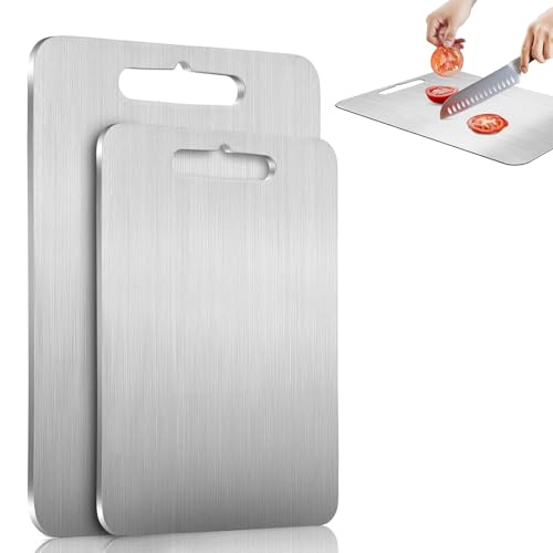 2 Stück Titan Schneidebrett,Titanium Cutting Board,Schneidebrett Edelstahl,Schneidebretter,Doppelseitiges Schneide-Brett In Lebensmittelqualität Für Fleisch,Gemüse(34 * 23cm Und 20 * 15cm) von AONAYO