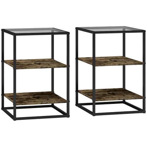 AONEGOLD 2er-Set Couchtisch, Beistelltisch mit Glasplatte, Wohnzimmertisch mit 3 Ebene, Sofatisch für Wohnzimmer, Schlafzimmer, Flur, 37 x 40 x 55,5 cm, Rustikales Braun von AONEGOLD