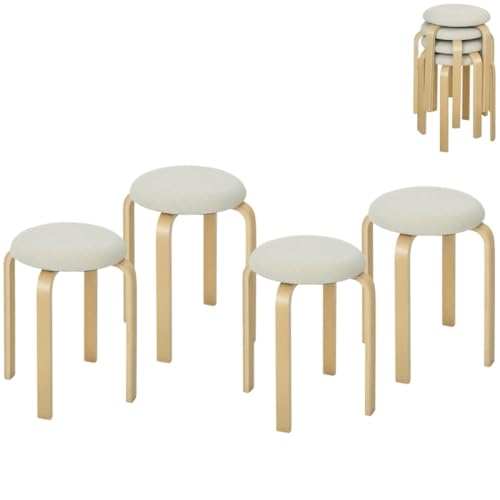 AONEGOLD 4er Set Esszimmerhocker Stapelhocker Runde Hocker, Küchenhocker mit Leinenoptik, Polsterhocker für Esszimmer, Wohnzimmer, Küche, Cremeweiß von AONEGOLD