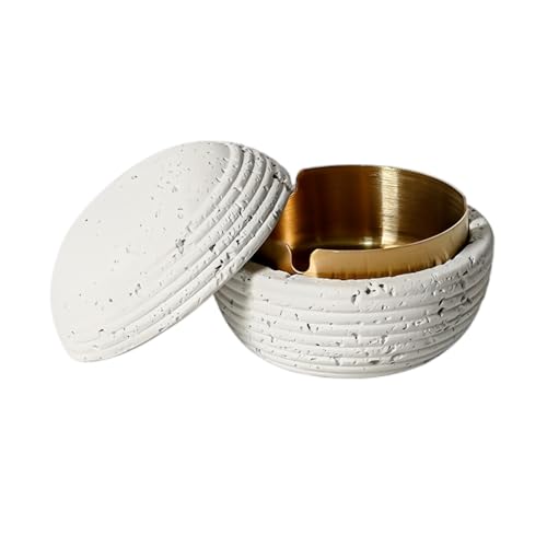 AONEGOLD Aschenbecher mit Deckel Outdoor Zementbeton Aschenbecher für Draussen Abnehmbar Innenzylinder Edelstahl Liner Mode Minimalismus Tischmülleimer für Draussen Innen (01Gold-Weiß) von AONEGOLD