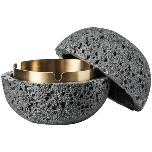 AONEGOLD Aschenbecher mit Deckel Outdoor Zementbeton Aschenbecher für Draussen Abnehmbar Innenzylinder Edelstahl Liner Mode Minimalismus Tischmülleimer für Draussen Innen (04Gold-Grau) von AONEGOLD