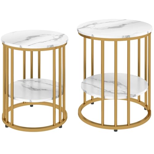 AONEGOLD Couchtisch rund 2er Set Beistelltisch mit Ablage, Stahlrahmen, Wohnzimmertisch in Marmoroptik Kaffeetisch für Wohnzimmer Schlafzimmer Weiß von AONEGOLD
