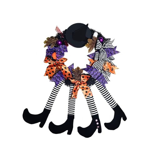AONEGOLD Halloween Deko Türkranz Freche Hexen Hut Bein Kürbis Deko Türdeko Kranz Halloween Hexenkranz Hängende Dekoration für Haustür Fenster Veranda Wanddeko (01-4 Bein) von AONEGOLD