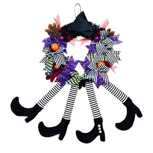 AONEGOLD Halloween Deko Türkranz Freche Hexen Hut Bein Kürbis Deko Türdeko Kranz Halloween Hexenkranz Hängende Dekoration für Haustür Fenster Veranda Wanddeko (02-4 Bein) von AONEGOLD