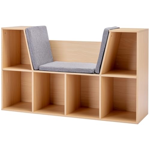 AONEGOLD Kinderregal Bücherregal mit Sitzhocker Kindersitzbank mit 6 Fächern Sitztruhe mit 3 Kissen Spielzeugkiste ab 3 Jahren Grau+Natur 103 x 30 x 62 cm von AONEGOLD