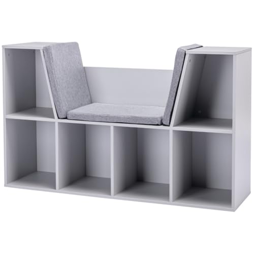 AONEGOLD Kinderregal Bücherregal mit Sitzhocker Kindersitzbank mit 6 Fächern Sitztruhe mit 3 Kissen Spielzeugkiste ab 3 Jahren Grau 103 x 30 x 62 cm von AONEGOLD