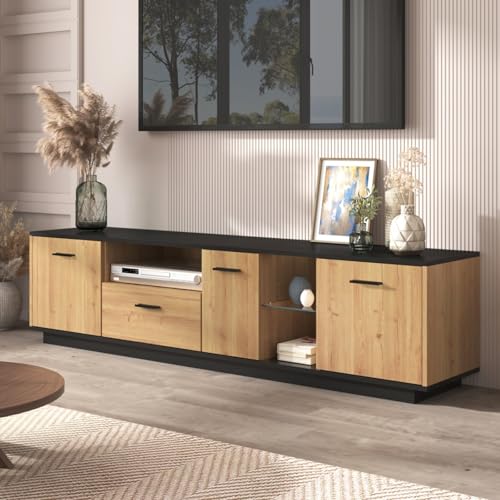 AONEGOLD Moderner TV-Ständer mit schwarzem und holzfarbenem Design – geräumiger Stauraum, robuste Konstruktion (Black + MDF + 70-79 inches) von AONEGOLD