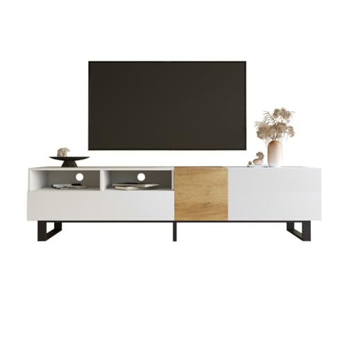 AONEGOLD Moderner TV-Ständer mit schwarzem und holzfarbenem Design – geräumiger Stauraum, robuste Konstruktion (White + Wood + MDF + 50-59 inches) von AONEGOLD