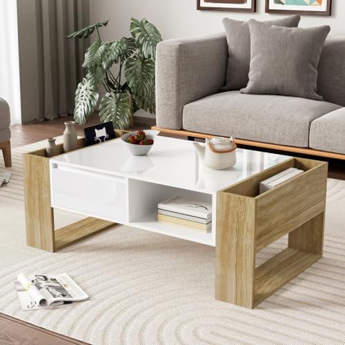 AONEGOLD Moderner TV-Ständer mit schwarzem und holzfarbenem Design – geräumiger Stauraum, robuste Konstruktion (White + Wood + MDF + Particle Board) von AONEGOLD