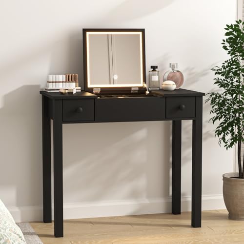 AONEGOLD Schicker schwarzer Schminktisch mit LED-Beleuchtung, hochklappbarem Spiegel und 2 Schubladen für Damenschmuck, lackiert von AONEGOLD