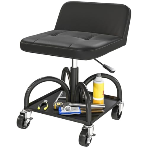 AONEGOLD Werkstatthocker mit Rollen Ablagefläche, Lendenstütze, 58,5 cm hoch Rollhocker bis 135 kg belastbar Arbeitshocker Rollsitz Werkstattsitz für Werkstatt Schwarz von AONEGOLD