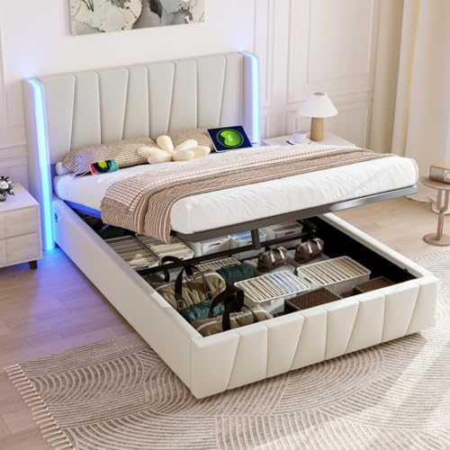 160 x 200cm Moderner Bettrahmen, Samtstoff, USB-Anschlüsse an den Seiten, Silikon-Lichtleisten-Design, Hydraulikeinheit, extra großer Stauraum im Sockel (Beige + Velvet + 140x200cmAA) von AONETIGER