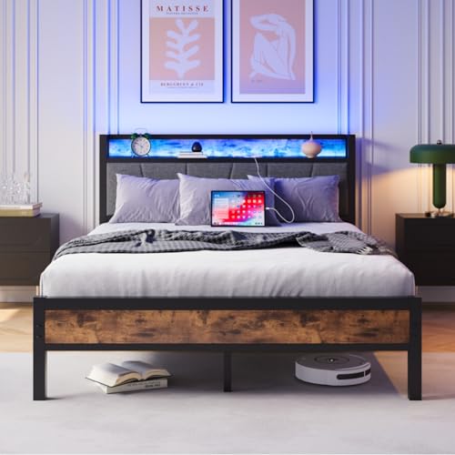 AONETIGER 120x200cm Size Bed Frame with Smart LED Lights, Storage Headboard with USB Charging Station, Heavy Duty Metal Slats Support Platform, Noise Free, Easy Assembly (120x200cm) von AONETIGER