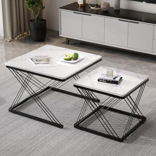 AONETIGER 2er Set quadratische Hochglanz-Marmoroptik-Couchtische, ineinander schiebbare Tische mit goldenen Beinen, 70x70x45cm und 50x50x36,5cm, vielseitig einsetzbar (Black White + MDF) von AONETIGER