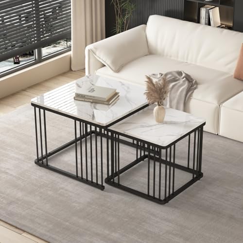 AONETIGER 2er Set quadratische Hochglanz-Marmoroptik-Couchtische, ineinander schiebbare Tische mit goldenen Beinen, 70x70x45cm und 50x50x36,5cm, vielseitig einsetzbar (White + MDF-1) von AONETIGER