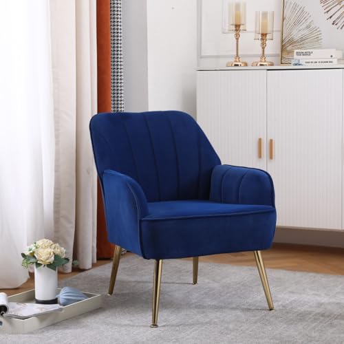 AONETIGER Bürostuhl Höhenverstellbar Drehstuhl Samt Bürosessel Schminkstuhl mit Rädern,Sessel Samtstuhl Für Schlafzimmer/Arbeitszimmer (Foam + Dark Blue + Wood) von AONETIGER