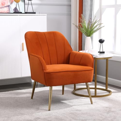 AONETIGER Bürostuhl Höhenverstellbar Drehstuhl Samt Bürosessel Schminkstuhl mit Rädern,Sessel Samtstuhl Für Schlafzimmer/Arbeitszimmer (Foam + Orange + Wood) von AONETIGER