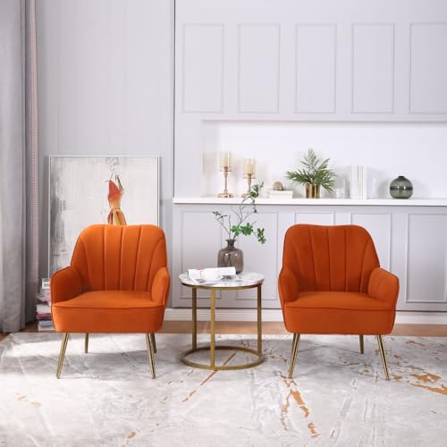 AONETIGER Bürostuhl Höhenverstellbar Drehstuhl Samt Bürosessel Schminkstuhl mit Rädern,Sessel Samtstuhl Für Schlafzimmer/Arbeitszimmer (Foam + Orange + Wood-1) von AONETIGER