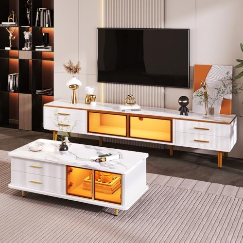AONETIGER Couchtisch, Beistelltisch mit Tür aus gehärtetem Glas, Schubladen mit Wellenstruktur, goldenen Griffen und Beinen, Tischplatte mit Marmorstruktur. (White + Particle Board + 60-69 inches) von AONETIGER