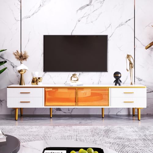 AONETIGER Couchtisch, Beistelltisch mit Tür aus gehärtetem Glas, Schubladen mit Wellenstruktur, goldenen Griffen und Beinen, Tischplatte mit Marmorstruktur. (White + Particle Board + 60-69 inches-1) von AONETIGER
