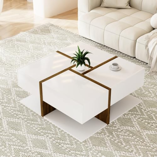 AONETIGER Couchtisch, Tisch mit 4 Schubladen, einzigartige Farbabstimmung und Liniendesign, Stauraum unten. 78 * 78 * 36cm (White + Particle Board-1) von AONETIGER