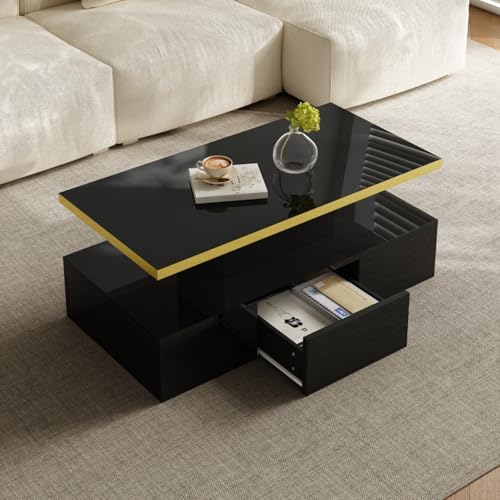 AONETIGER Couchtisch, Tisch mit Schubladen, Hochglanzlackierung, Beistelltisch mit Zwei Ablageebenen. Mit LED-Licht (Black + Particle Board) von AONETIGER