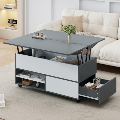 AONETIGER Couchtisch Kaffeetisch mit Verstecktem Stauraum und Ablage, Wohnzimmertisch mit Rollen und Schubladen, multifunktionaler Esstisch mit großem Stauraum (Grey + Particle Board) von AONETIGER