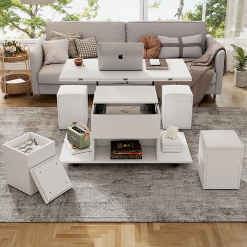 AONETIGER Couchtisch Kaffeetisch mit Verstecktem Stauraum und Ablage, Wohnzimmertisch mit Rollen und Schubladen, multifunktionaler Esstisch mit großem Stauraum (White + Particle Board) von AONETIGER