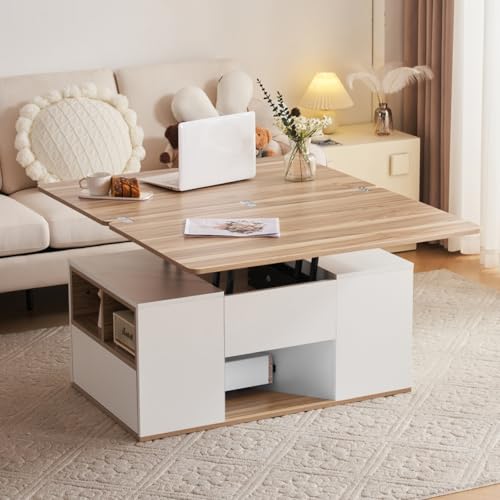 AONETIGER Couchtisch Kaffeetisch mit Verstecktem Stauraum und Ablage, Wohnzimmertisch mit Rollen und Schubladen, multifunktionaler Esstisch mit großem Stauraum (White + Particle Board-4) von AONETIGER