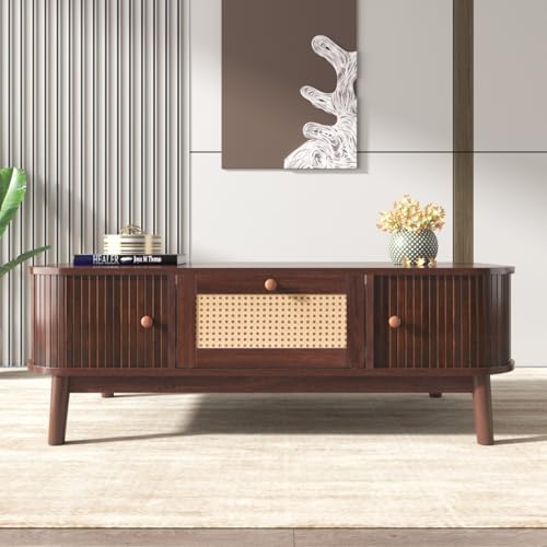 AONETIGER Couchtisch - Rattan-Kaffeetisch, Schubladen mit Rattan und Schiebetüren mit Massivholzlatten, Massivholzbeine, Natürlicher Landhausstil. (Natural + MDF) von AONETIGER