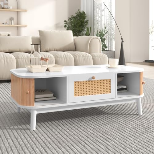 AONETIGER Couchtisch - Rattan-Kaffeetisch, Schubladen mit Rattan und Schiebetüren mit Massivholzlatten, Massivholzbeine, Natürlicher Landhausstil. (White + MDF) von AONETIGER