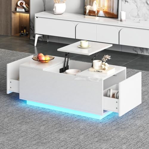 AONETIGER Couchtisch mit Hebeplatte, höhenverstellbar ausziehbar, Lift-Top-Tisch. Wohnzimmertisch mit 2 Schubladen, Sofatisch mit LED,Multifunktionaler Lift-up-Kaffeetisch (White + Particle Board) von AONETIGER