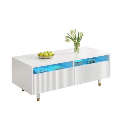 AONETIGER Dieser Moderne LED-Couchtisch verfügt über eine gewellte Schubladenplatte, Gold-holzfarbene Beine, Zwei Schubladen und einen farbwechselnden LED-Lichtstreifen (White + MDF) von AONETIGER