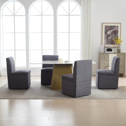 AONETIGER Gepolsterte Esszimmerstühle 2er Set Drehbare Esszimmerstühle Küchenstühle Moderner Rollsessel Weiß für Wohnzimmer Armloser Stuhl aus Stoff (Beige Leinen) (Dark Gray + Linen) von AONETIGER