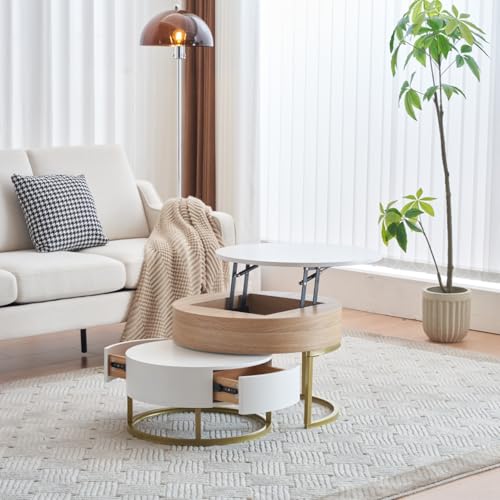 AONETIGER Goldener Satztisch, hochklappbare Couchtischkombination, Beistelltisch mit Zwei Schubladen. 2-teiliges Set (White + MDF) von AONETIGER