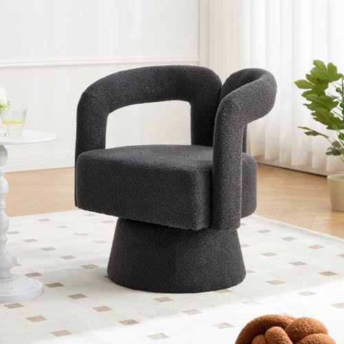 AONETIGER Grad drehbare Kuschelfass-Akzentstühle, runde Sessel mit breiter Polsterung, Flauschiger Stoffsessel für Wohnzimmer, Schlafzimmer, Büro, Warteräume (Dark Gray + Boucle + Foam) von AONETIGER