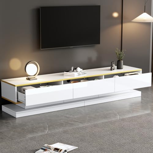 AONETIGER Hochglanz-Couchtisch,Sofatisch mit 2 großen Schubladen, einzigartiger Wohnzimmertisch, warmweiß + Goldener Rand kaffeetisch,Beistelltisch mit schmaler Mitte (White + Particle Board) von AONETIGER