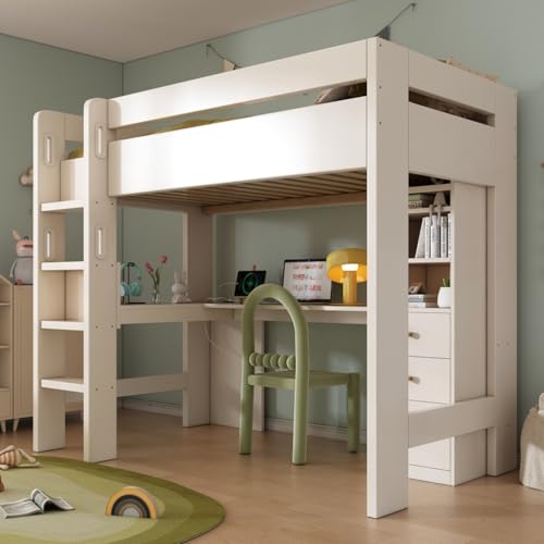 AONETIGER Kinderbett Hochbett mit L-förmigem Schreibtisch, Regalen und Schubladen mit USB/Type-C Ladebereich, Jugend-Einzelbett mit Leiter und Holzlattenrost von AONETIGER