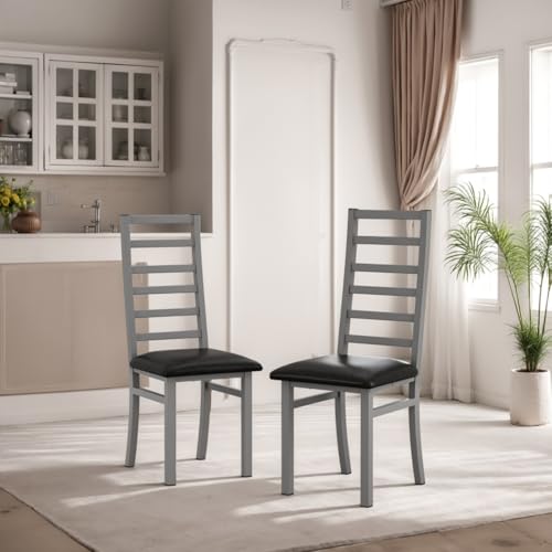 AONETIGER Metal Dining Chairs Set of 2, Steel Legs and PU Leather Seats, High Back Armless Dining Chairs, for Kitchen, Living Room, Black (Grey + 2Seat) von AONETIGER