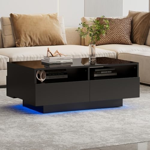 AONETIGER Moderner Hochglanz Couchtisch in Weiß, 115 x 55 x 34 cm, mit 2 Schubladen, LED-Beleuchtung und 30 kg Tragkraft – Eleganter Wohnzimmertisch (Black + Particle Board-2) von AONETIGER