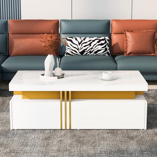 AONETIGER Moderner rechteckiger Couchtisch mit Hochglanzplatte mit 2 Holzschubladen, marmorierte Tischplatte, für Wohnzimmer, 100 * 50 * 40 cm (White + Particle Board) von AONETIGER