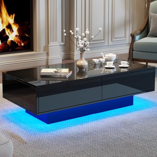 AONETIGER Moderner schwarzer Hochglanz-Couchtisch, 115 x 55 x 34 cm, mit 2 Schubladen, LED-Beleuchtung und 30 kg Belastbarkeit - Eleganter Wohnzimmer-Couchtisch (Black + Particle Board-1) von AONETIGER