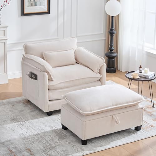 AONETIGER Moderner übergroßer Sessel mit Fußstütze und Hocker, Samt-Loungesessel mit Seitentaschen und Kissen, bequemer Lesesessel für Wohnzimmer, Schlafzimmer und Wohnung (Beige + Chenille) von AONETIGER