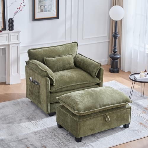 AONETIGER Moderner übergroßer Sessel mit Fußstütze und Hocker, Samt-Loungesessel mit Seitentaschen und Kissen, bequemer Lesesessel für Wohnzimmer, Schlafzimmer und Wohnung (Olive + Chenille) von AONETIGER