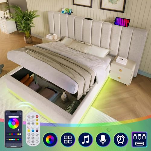AONETIGER Polsterbett 160×200, Doppelbett Stauraumbett mit App Control LED und USB-C Ladefunktion, Bettgestell mit Lattenrost (Beige + Linen + 180cm*200cmA52) von AONETIGER