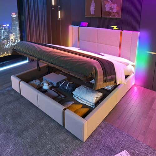 AONETIGER Polsterbett Doppelbett USB Type C Ladefunktion APP-Control LED 180×200 Stauraumbetten Bettgestell (Beige + Linen + 160cm*200cmP3) von AONETIGER