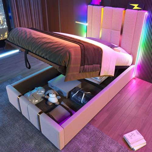 AONETIGER Polsterbett Doppelbett USB Type C Ladefunktion APP-Control LED 180×200 Stauraumbetten Bettgestell (Beige + Linen + 90cm*200cmP1) von AONETIGER